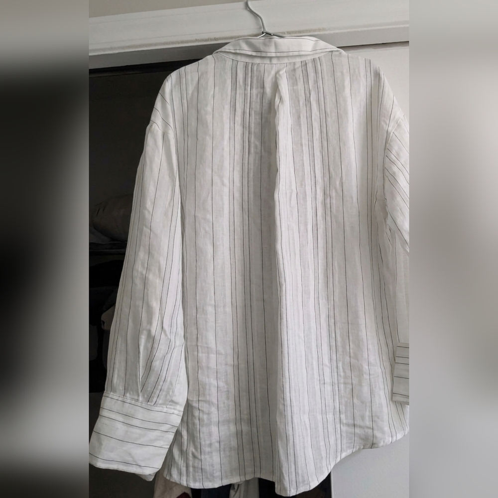 Mango White Vertical-Stripe Casual Button-Down Shirt - Picture 2 of 2